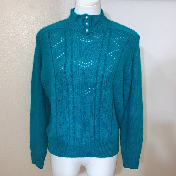 VTG 80s Marnie West Angora Silk Blend Teal Mock Neck...